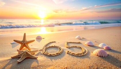 Seashells and starfish on a sandy beach at sunset with numbers made of sand