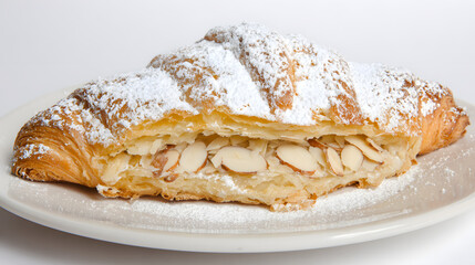 Almond Croissant Topped with Powdered Sugar on a White Plate, Buttery Flaky Pastry Dessert
