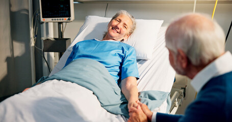Happy, visit and senior woman in hospital with husband for bonding, support or care in recovery....
