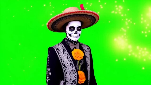 Day of the Dead skeleton man in traditional Mexican costume with hat and flowers isolated on green screen background, Dia de los Muertos celebration concept