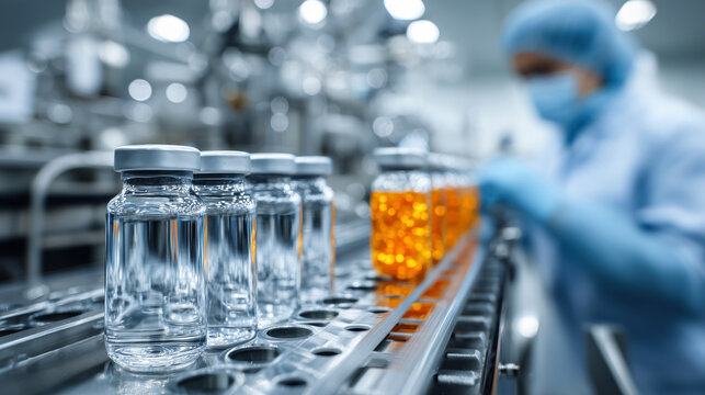 Lab Technician Working with Vials in Pharmaceutical Manufacturing Environment