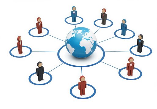 Global network of diverse business people connected to a central earth isolated on white background - Powered by Adobe