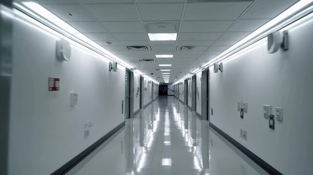 Long corridor in a modern building with bright lights and reflective floor surface during daytime