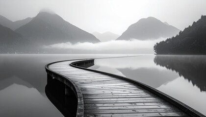 Serene, winding boardwalk path across a misty lake, mountains beyond