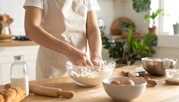Person kneading dough in glass bowl, kitchen setting - Powered by Adobe