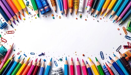 Colorful pencils and school supplies arranged in a circle on a white background