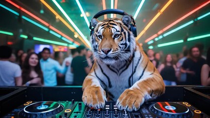 DJ tiger wearing headphones mixing music at nightclub party, wild animal performing on turntable with neon lights and dancing crowd in vibrant entertainment scene - Powered by Adobe