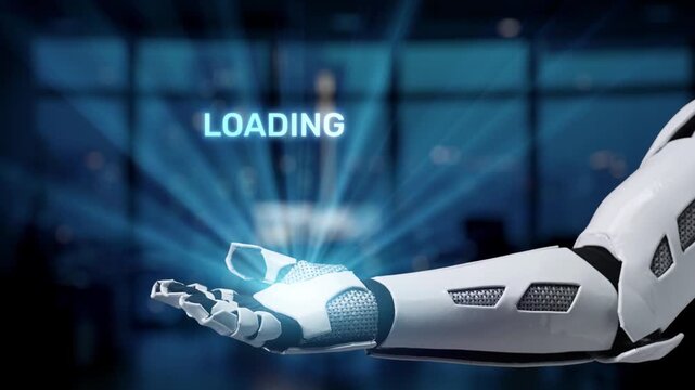 A sleek robotic arm showcases a dynamic loading animation between 2025 and 2026, representing innovation and technology in a futuristic, digital setting. Synapse
