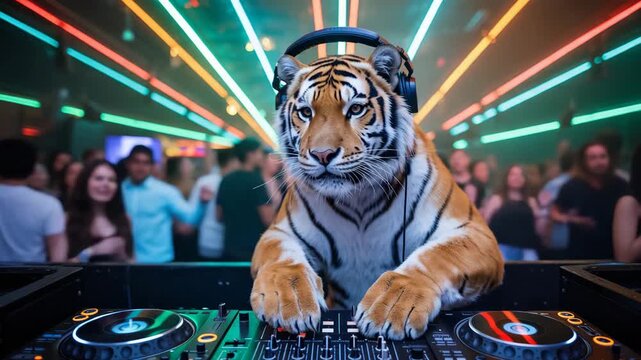 DJ tiger wearing headphones mixing music at nightclub party, wild animal performing on turntable with neon lights and dancing crowd in vibrant entertainment scene