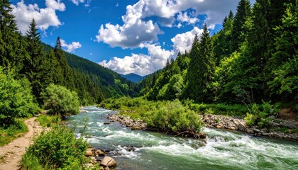 River rushes downstream between mountains, with a path winding alongside it; vibrant green foliage and a blue sky with fluffy clouds above