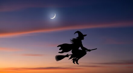 A witch flying on a broomstick against a twilight sky with a crescent moon.