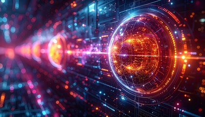 Digital visualization of complex networks and data transfer, with glowing orbs and intricate circuitry