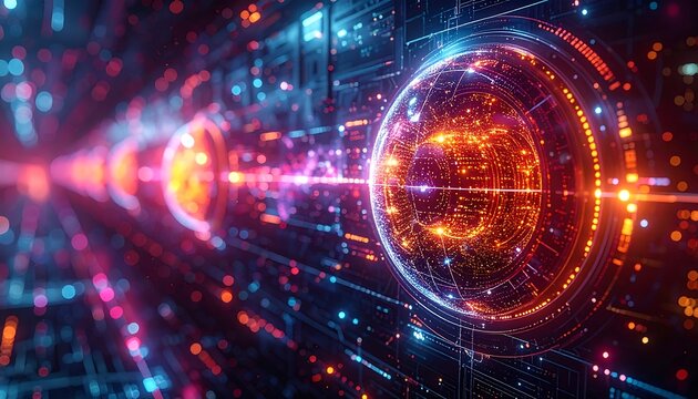 Digital visualization of complex networks and data transfer, with glowing orbs and intricate circuitry