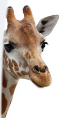 Obraz premium Side profile of a giraffe's head and neck isolated on a white background. 