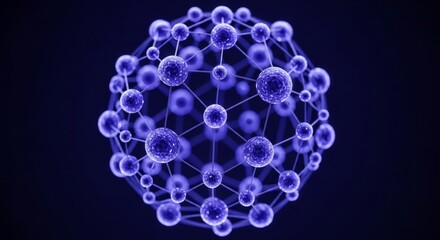 A digital representation of a molecular structure in vibrant blue tones. The design features interconnected spheres and lines, symbolizing scientific concepts.