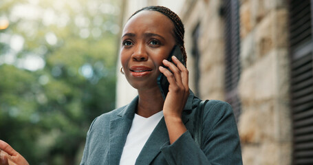 Commute, delay and phone call with business black woman outdoor for communication or travel....