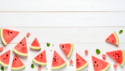 Fresh slices of watermelon and mint leaves arranged on rustic white wooden surface
