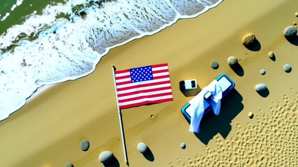 drone view of USA flag on sandy beach with ocean waves and summer holiday items, american patriotic travel video animation - Powered by Adobe