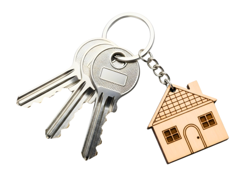 Two keys and a wooden house keychain isolated on transparent background