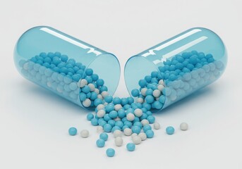 Open blue gelatin capsule spilling out blue and white pellets isolated on white background