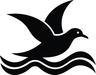 Icon of a flying seagull over ocean waves vector illustration on transparent background.
