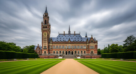Grand architecture with manicured lawn evokes stability and timelessness under a cloudy sky
