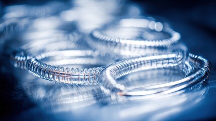Transparent Coiled Wire Springs Glimmering in Soft Blue Light