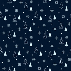 Christmas winter dark seamless pattern with festive New Year elements, vector, flat design. Pattern template for fabric, wrapping paper, cover, wallpaper. Christmas tree, snowflake, star on a blue 