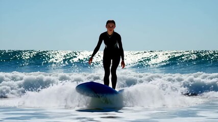female surfer riding ocean wave on surfboard wearing wetsuit, extreme summer sea sport and beach adventure video animation - Powered by Adobe