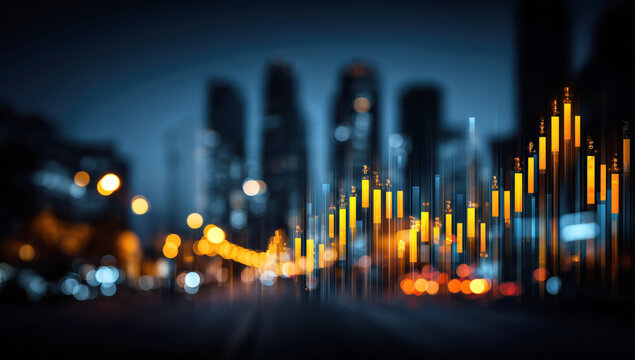 Abstract Financial Data Visualization with City Skyline and Blurred Lights at Night