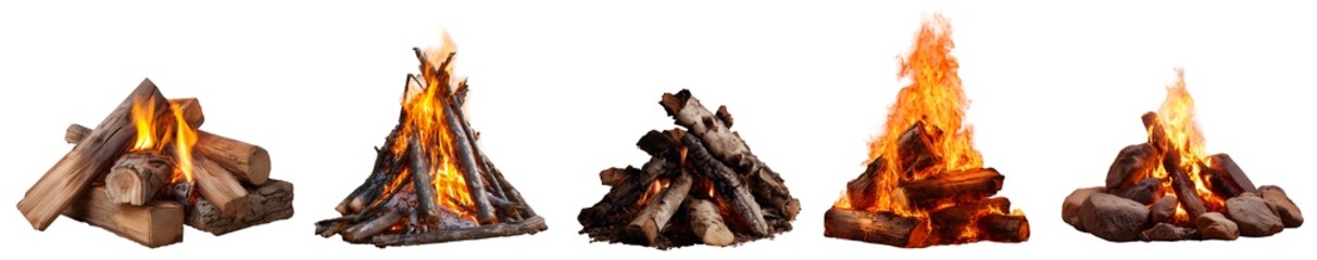 Set of fire burning campfire bonfire on wooden chopped tree log trunk stump wood firewood rocks, pile stacked pyramid on transparent cutout PNG file. Many different style. Mockup template design
