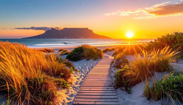 Golden sunset over a beach path with tall grass leads toward the sea, with a distinct flat-topped mountain on the distant horizon
