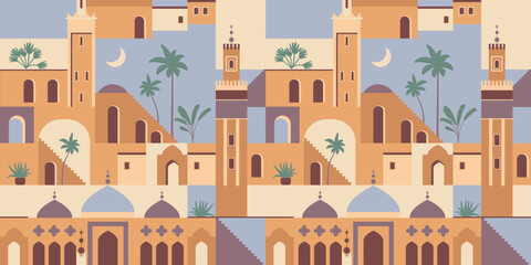Palestine background. Seamless islamic pattern. Old moroccan houses. Saudi muslim arab design. Arabic arches, city walls. Traditional heritage decor. Arabian market abstract shapes Mughal aesthetic bg