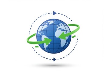 Global network connection with arrows and dashed line isolated on white background