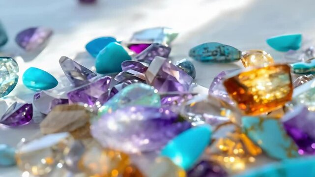 A colorful assortment of faceted gemstones and crystals scattered on a light surface.