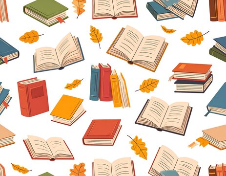Books and autumn leaves seamless pattern - Powered by Adobe