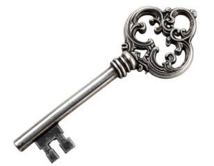 Ornate Silver Skeleton Key with Intricate Carvings, Angled Side Perspective, isolated on transparent background PNG