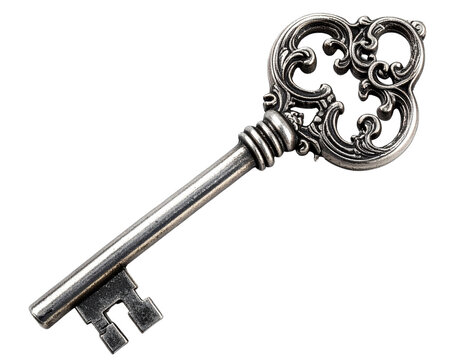 Ornate Silver Skeleton Key with Intricate Carvings, Angled Side Perspective, isolated on transparent background PNG