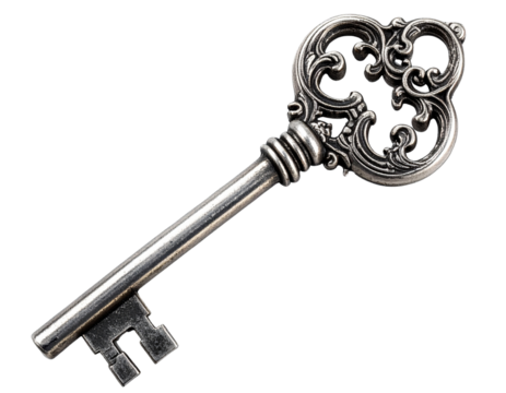 Ornate Silver Skeleton Key with Intricate Carvings, Angled Side Perspective, isolated on transparent background PNG