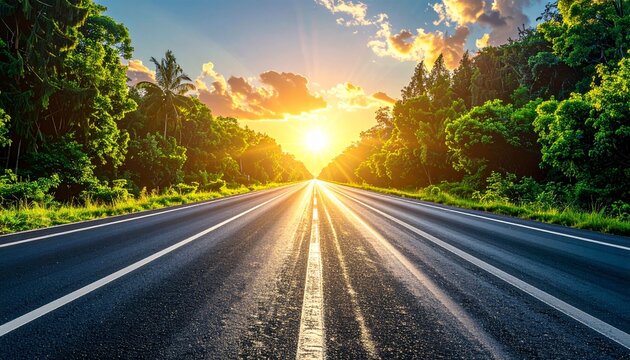 Empty road through lush green trees at sunset