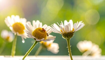 Close-up of several white daisy flowers with yellow centers, bathed in soft sunlight with a blurred green background