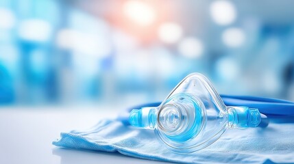Transparent medical mask with blue tubing placed on a soft surface