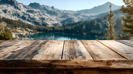 Rustic wooden table with a blurred mountain lake and forest landscape in the background on a sunny day