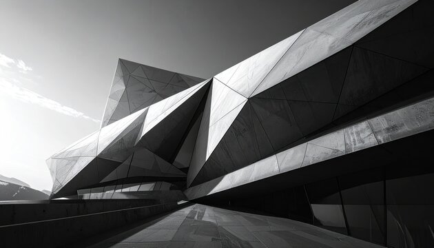 Angular building with geometric facade, sharp edges & planar surfaces, bathed in sunlight, creating stark contrasts between light & shadow