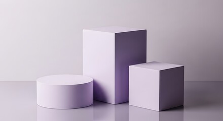 Three pastel purple geometric podiums, a cylinder and two cubes, on a reflective surface, isolated on white background