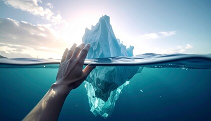 A hand reaches for an iceberg submerged in water. Sunlight highlights the ice