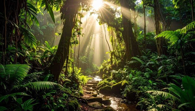 Lush tropical rainforest path bathed in sunlight