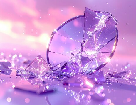 Shattered, iridescent glass disc against a soft pink backdrop