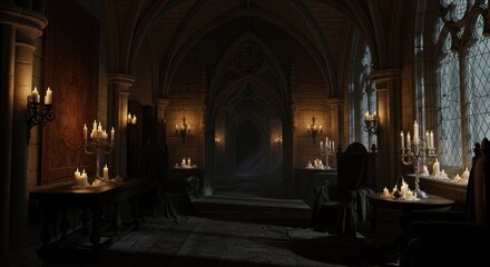 A dimly lit, gothic, candlelit room with stone walls, arches, and windows. The room is filled with candles and has a mysterious, eerie atmosphere.