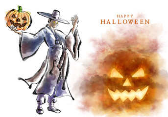 수채화, 수묵화 기법으로 그린 할로윈 카드용 이미지 손그림 일러스트.